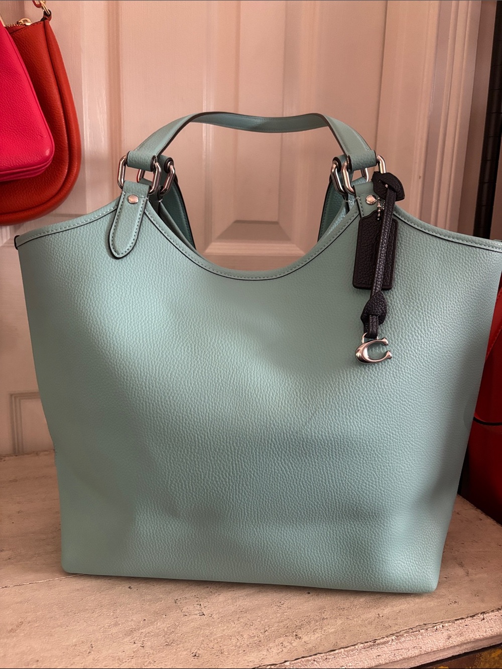 Coach Mint Green Pebbled Leather Tote with Coach Charm